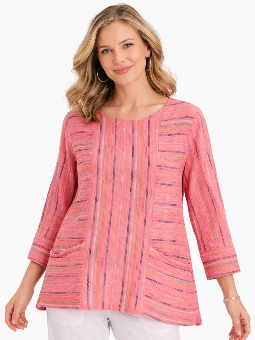 Habitat pink Baja weave pattern stripe artsy front pockets boho lagenlook top S